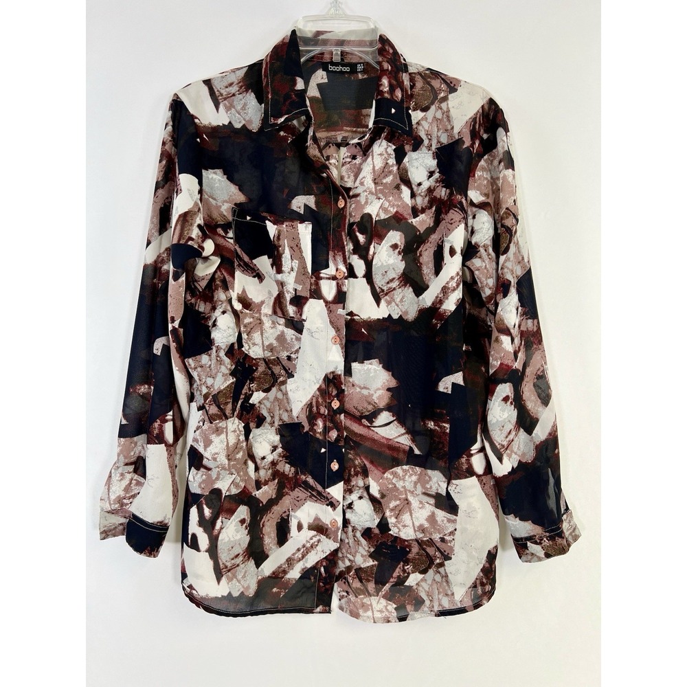 Boohoo Women Sheer Graphic Button Down Blouse Black Brown White Sz 6 Whimsigoth